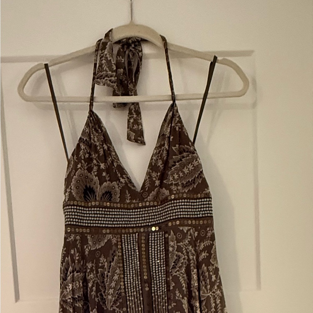 BCBG MaxAzria 4 SILK Brown Paisley Halter Maxi Dress with Embellished Waist